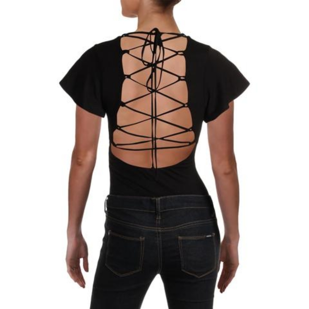 NWT little black bodysuit lace up backless bodysui